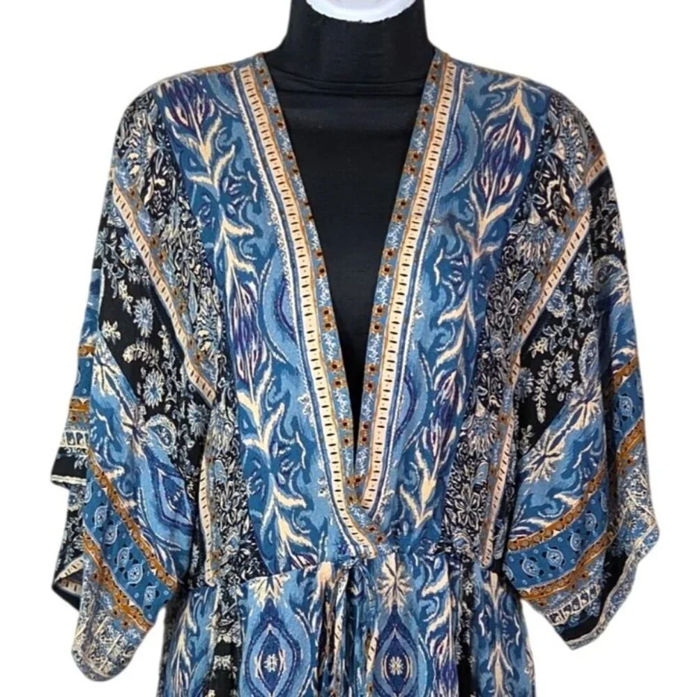 Free People Boho Blue & Brown Floral Print Tie-Waist Romper Size S - Picture 2 of 9